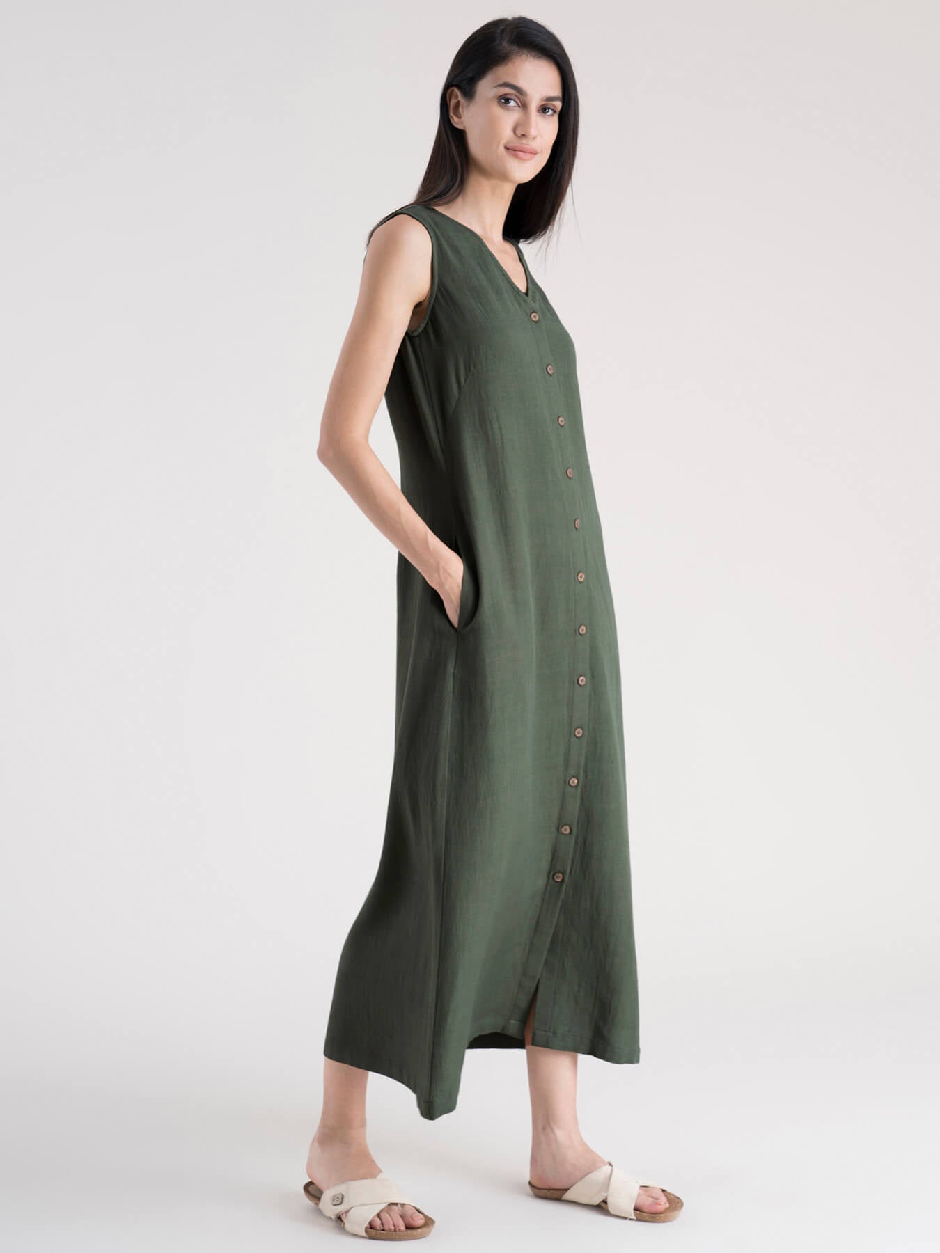 Olive Cotton Button Down A-Line Dress ...